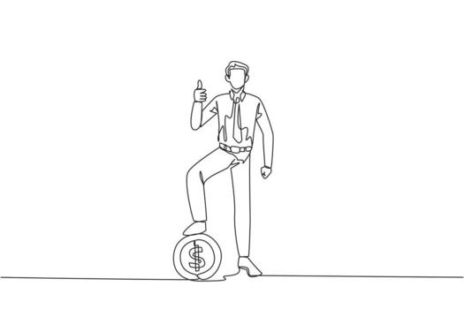 Single one line drawing businessman stands in a thumbs up pose and steps on a large coin with a dollar symbol. Excitement. Successfully made a profit. Continuous line design graphic illustration vector