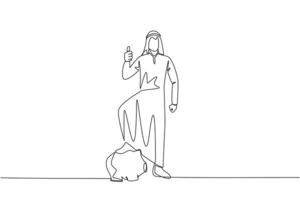 Continuous one line drawing Arab businessman with thumbs up pose and steps on piggy bank. Invitation to make investment. For comfortable life in retirement. Single line draw design illustration vector