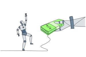 Single one line drawing a robot excited to get a stack of banknotes from giant hand. Success that makes money. Cost of upgrading requirements. Future tech. Continuous line design graphic illustration vector