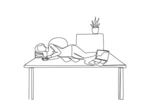 Single continuous line drawing woman fell asleep on the table with a pillow from a pile of papers. Too tired. Sleeping lying on the work desk. Hectic. Overtime. One line design illustration vector