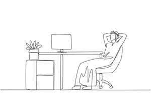 Continuous one line drawing relaxed Arabian man sitting in a work chair with his hands behind his head. Stretching. Passing the weekend busy at the office. Single line draw design illustration vector