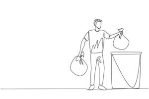 Single one line drawing man puts trash bag into trash can. Environmental care. Maintain cleanliness by throwing rubbish in the right place. Recycling. Continuous line design graphic illustration vector