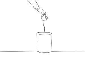Single one line drawing businessman's hand throwing away a broken cup. Has no benefits. Cannot be used to drink tea. Cannot be used for anything. Cracked. Continuous line design graphic illustration vector