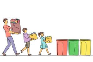 Single continuous line drawing man and his son and daughter brought rubbish bags and threw them in the rubbish bin. Teach from early age to keep environment clean. One line design illustration vector