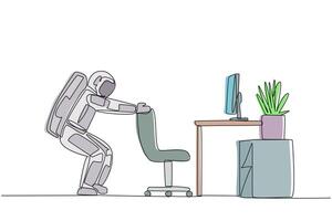 Single continuous line drawing astronaut stands with a slight bend and both hands hold the top of chair. Stretching. Nervous. It's time to go on a space expedition. One line design illustration vector