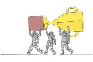 Single continuous line drawing a group of astronauts work together carrying the trophy. Win a space science competition. Beautiful memories. Cosmonaut. Spaceman. One line design illustration vector