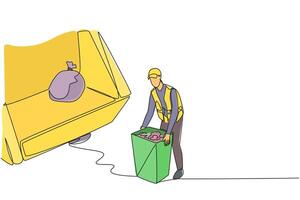 Single continuous line drawing trash man is preparing to lift the trash can into the back of the dump truck. Work with dedication. To keep the environment clean. One line design illustration vector