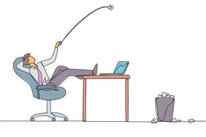 Single continuous line drawing businessman sitting in a office chair throwing wads of paper into the trash. Damaging performance due to personal matters. Stressful. One line design illustration vector
