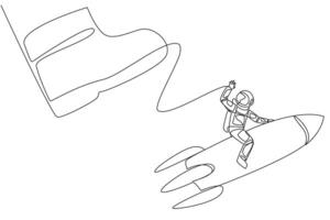 Continuous one line drawing astronaut riding a rocket flies away from the giant foot. A bully who tries to ruin the flight schedule to the moon. Galaxy. Single line draw design illustration vector
