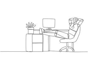 Single one line drawing robot sits in work chair with his hands behind head and his legs raised on work desk. Worker robot. Can feel tired. Relax. AI. Continuous line design graphic illustration vector