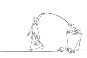 Continuous one line drawing Arabian businesswoman walking throwing lightbulb into trash can. Unable to manage multiple business schedules. Prepare to lose. Single line draw design illustration vector