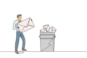 Continuous one line drawing businessman throw large envelope in trash. Throw away many application letters that do not meet the requirements. Job seekers. Single line draw design illustration vector