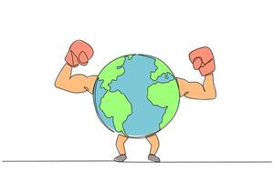 Single continuous line drawing globe raised both hands which wearing boxing gloves. Always enthusiastic to fight to preserve the beauty of nature. Save the planet. One line design illustration vector