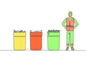 Single one line drawing trash man standing near three trash cans. Waste grouping. Simplify the process at the landfill. Reuse. Styled like a HSE Officer. Continuous line design graphic illustration vector