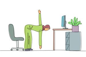 Single one line drawing Arab woman stands with one hand raised the other hand holding tip of leg. Warmup. Exercise while working. Increase focus. Overtime. Continuous line design graphic illustration vector