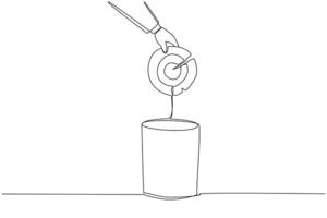 Continuous one line drawing businessman hand throwing away broken arrow target board. Changing the mindset about the life goals. More directed and focused. Single line draw design illustration vector