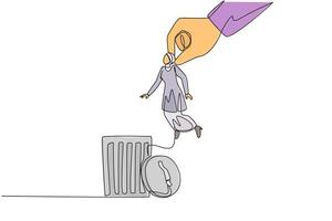 Single one line drawing Arabian businesswoman is lifted by giant hand and will be put into a trash can. Reduction of employees. For a more stable business. Continuous line design graphic illustration vector