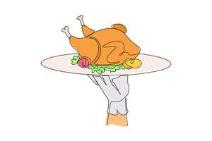 Single one line drawing the waiter holds food tray serving roast chicken. Foods that can be consumed while on a diet. Chicken with whole pieces. Delicious. Continuous line design graphic illustration vector