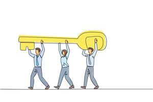 Single one line drawing a group of businessmen and businessmen work together carrying the key. Offer solutions. Solve problems together for amazing profit. Continuous line design graphic illustration vector