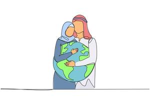 Single one line drawing Arab man and Arab woman hug each other. They both hug the globe. Passion to keep the earth green. Keep away from the pollution. Continuous line design graphic illustration vector