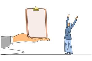 Single one line drawing Arabian businesswoman was excited to get the clipboard from the giant hand. Convenience. Streamline work. Report completed quickly. Continuous line design graphic illustration vector