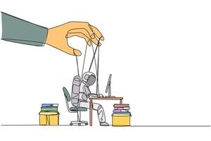 A robot is sitting at a desk with a hand holding a string vector