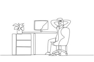 Single continuous line drawing woman sitting in chair with her hands holding the back of head. Flustered. Do a little movement to relax and feel comfortable. Work. One line design illustration vector