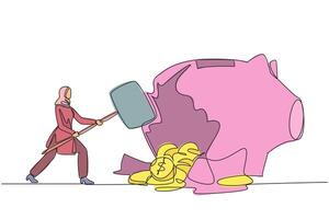 Single one line drawing Arab businesswoman hit big piggy bank with big hammer until cracked. Coins scattered around. Financial plans in disarray. Problem. Continuous line design graphic illustration vector