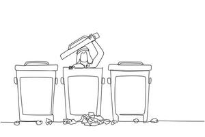 Continuous one line drawing Arabian businessman peeking out of trash can, there were lots of wads of paper. Hide from being chased by debt collectors. Sad. Single line draw design illustration vector