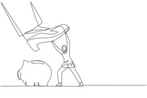 Continuous one line drawing Arab businesswoman holds back giant foot wants to step on piggy bank. Arbitrarily. Sovereigns wants to take investment value. Single line draw design illustration vector
