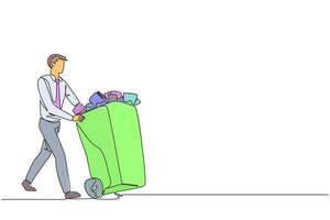 Continuous one line drawing businessman pushing a trash can filled with wads of paper. Throw away administrative records that are no longer needed. Delete. Single line draw design illustration vector