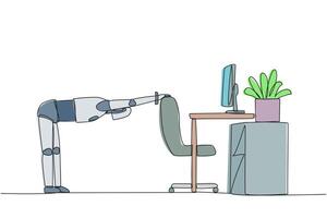 Continuous one line drawing robot bowed while holding his hand on his work chair. Stretching. Training all muscles after the repair process. Technology. Single line draw design illustration vector