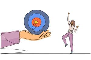 Continuous one line drawing businesswoman was excited to get arrow target board from a giant hand. Get a focused command to achieve great success together. Single line draw design illustration vector