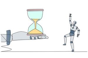 Continuous one line drawing a robot excited to get the hourglass from the giant hand. No time limit. The highest artificial intelligence technology. Future. Single line draw design illustration vector