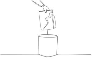 Single continuous line drawing businessman's hand throwing away a broken folder. Replacing archives. Avoid leaks of highly confidential personal data. Wrecked. One line design illustration vector