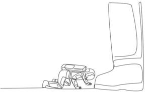 Single continuous line drawing young astronaut kneels and licks giant foot. The attitude of begging desperately to be granted permission for a space expedition. One line design illustration vector