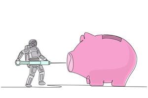 Single one line drawing astronaut holding big syringe and inject into a big piggy bank. Significant capital addition. Sustainability of space expeditions. Continuous line design graphic illustration vector