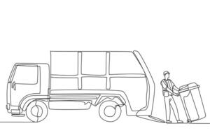 Single continuous line drawing trash man pulling wheeled trash can towards the garbage truck. Prevent environmental pollution by regularly making it to landfill. One line design illustration vector