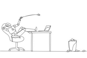 Single one line drawing robot sitting in chair throwing wads of paper into the trash. Trying to reprogram artificial intelligence. Looking for better idea. Continuous line design graphic illustration vector