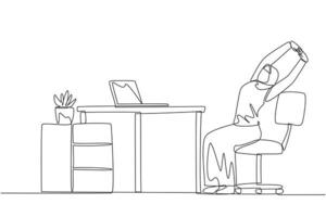 Single continuous line drawing Arab woman sitting in work chair while raising both hands. Squirming. Need relaxation. Complete reports on time. Overtime on weekend. One line design illustration vector