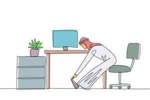 Continuous one line drawing Arab man sits in work chair with legs straightened, hands hold legs. Stretching. Avoid minor injuries due to sitting too long. Single line draw design illustration vector
