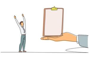 Continuous one line drawing the businessman was excited to get the clipboard from the giant hand. Important prize. Can do reports anywhere. Make checklist. Single line draw design illustration vector