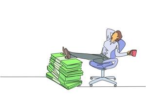 Single one line drawing businesswoman sitting relaxed in a work chair while holding mug. Foot resting on stacks of banknotes. Too many profit to be gained. Continuous line design graphic illustration vector