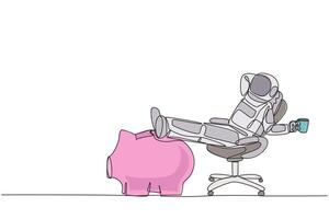 Single continuous line drawing astronaut sitting in work chair holding mug. Foot resting on piggy bank. Relax and wait for space expeditions departure schedule. One line design illustration vector