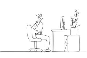 Single one line drawing woman sitting in work chair with hands holding her waist. Work while practicing breathing. Light exercise when overtime on weekends. Continuous line design graphic illustration vector
