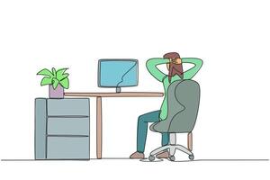 Single continuous line drawing woman sitting in chair with her hands holding the back of head. Flustered. Do a little movement to relax and feel comfortable. Work. One line design illustration vector