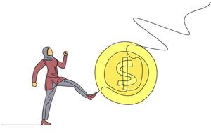 Continuous one line drawing angry Arabian businesswoman kicking a coin with a dollar symbol. Haughty. Arrogant. Don't need anyone's help in doing business. Single line draw design illustration vector