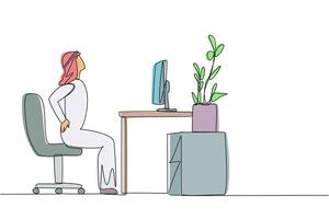Single one line drawing Arab man sitting in work chair with hands holding waist. Too focused and sitting for long time. Avoid serious injury by stretching. Continuous line design graphic illustration vector