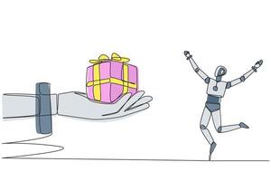 Single one line drawing a robot excited to get the gift box from the giant hand. Success. A memorable gift as a smart robot. Future technology development. Continuous line design graphic illustration vector