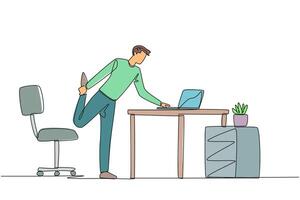 Single one line drawing man standing with one leg raised and his hand typing on a laptop. Make a presentation during an online meeting while stretching. Continuous line design graphic illustration vector